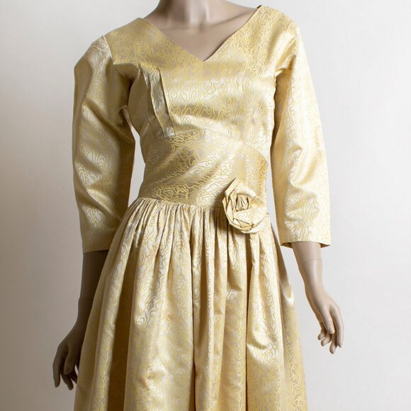 Vintage 1950s Gold Satin Squiggle Rose Cocktail Party Dress Holiday Golden 50s S - Picture 2 of 10